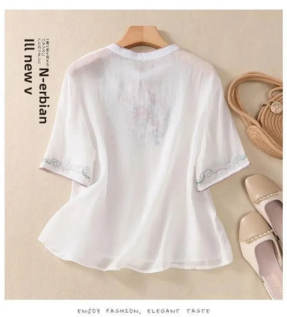 Retro Chinesischen Stil Lose Fit Baumwolle Leinen Kurzarm Shirt frauen Sommer Schwere Stickerei Abnehmen Top Flagge Kleid.