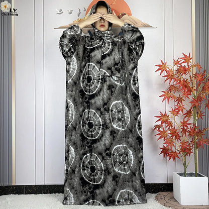 New Muslim Long Sleeved Cotton For Women Ramadan Prayer Turkey Middle East Femme Robe Floral Loose African Abaya Dress Scarfs