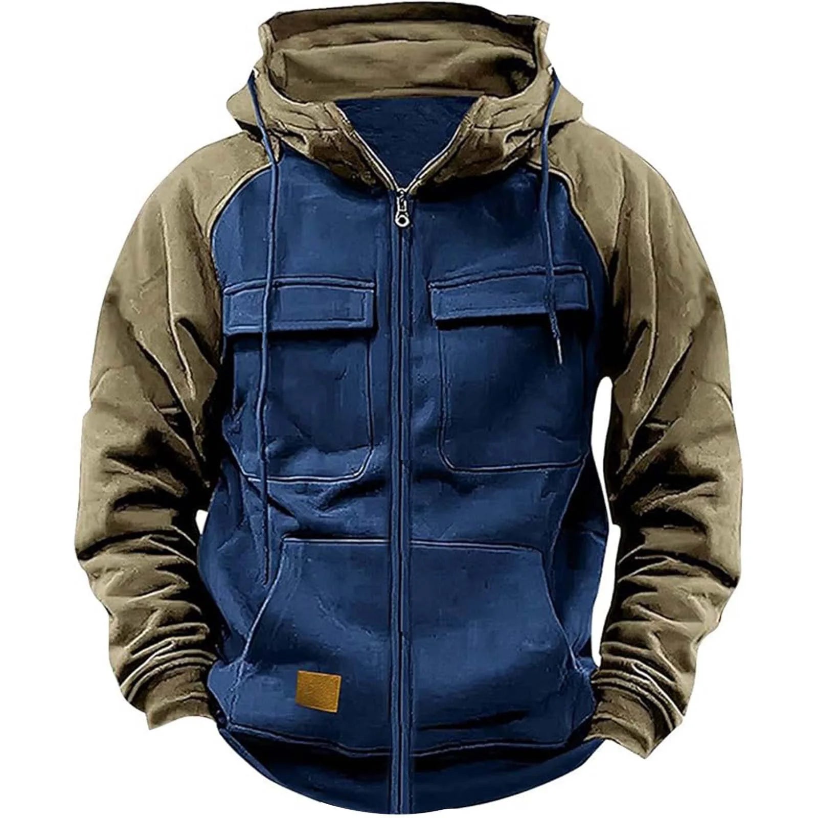 2025 Autumn Retro Workwear Hooded Sweatshirt Men Zipper Solid-Color Warm Sports Shirt With Multiple Pockets Hooded Jacket Winter.