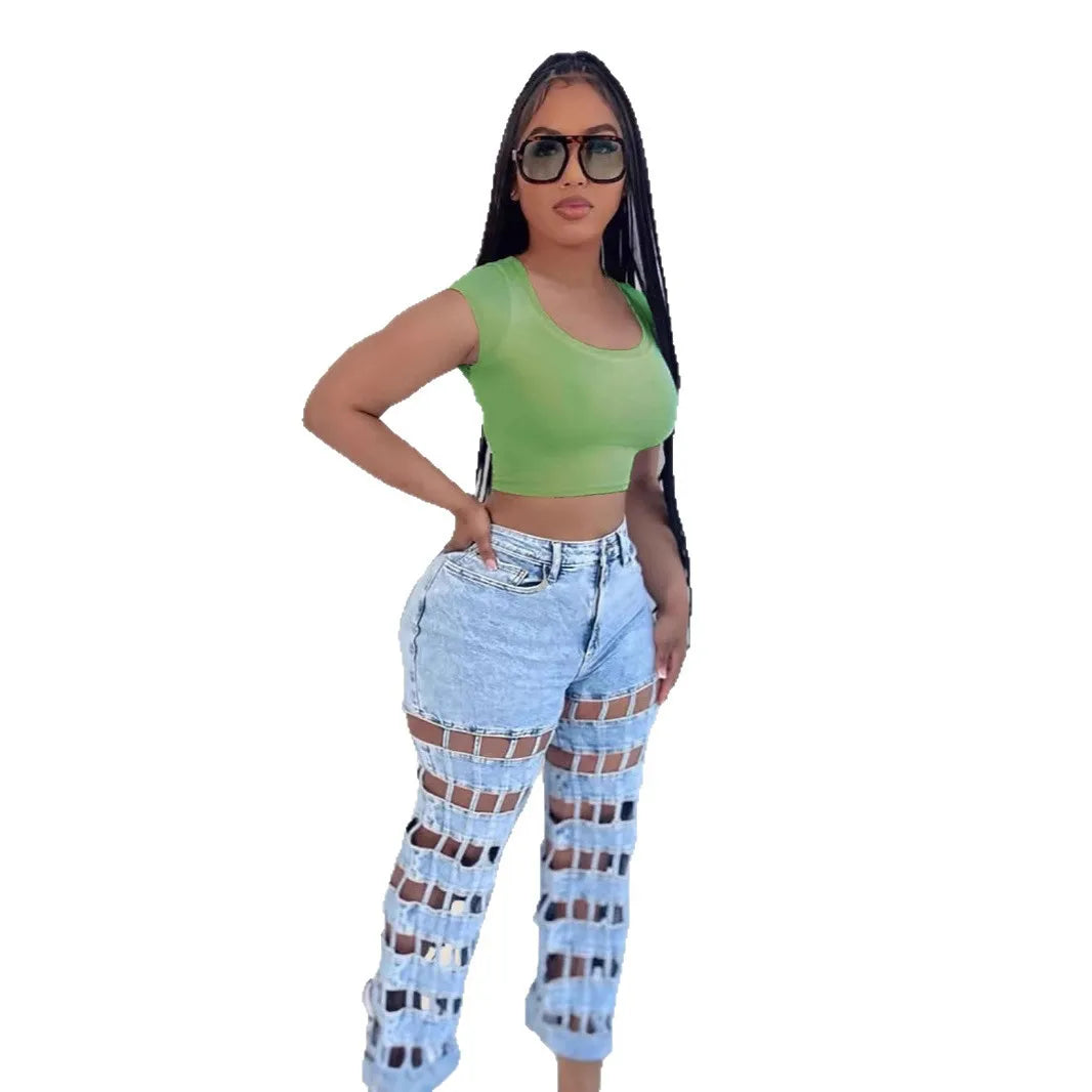 Holes Jean Hollow Out Jeans Women Straight Pants High Waist Vintage Ripped High Waist Zipper Fly Ankle Length Distressed.