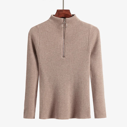 Frauen Fashion Solid Strick Pullover Vintage Langarm Zip-up Grundlegende Hälfte Rollkragenpullover Weibliche Pullover Chic Casual Tops