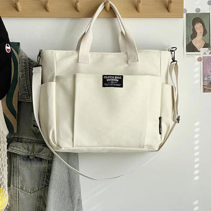 Urban Minimalist Female Student Large Capacity Commuting Horizontal Canvas Single Shoulder Diagonal Cross Portable Tote Bag.