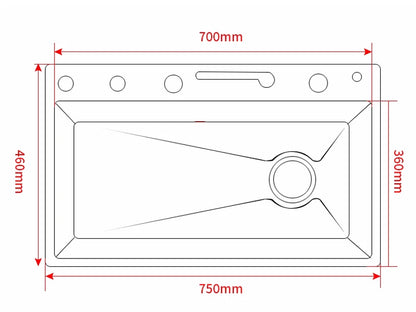 Küchenspüle aus Edelstahl 304 mit Digitalanzeige, Wasserfall-Wasserhahn, multifunktionales 75 x 45 cm großes Wal-Waschbecken mit einem Schlitz