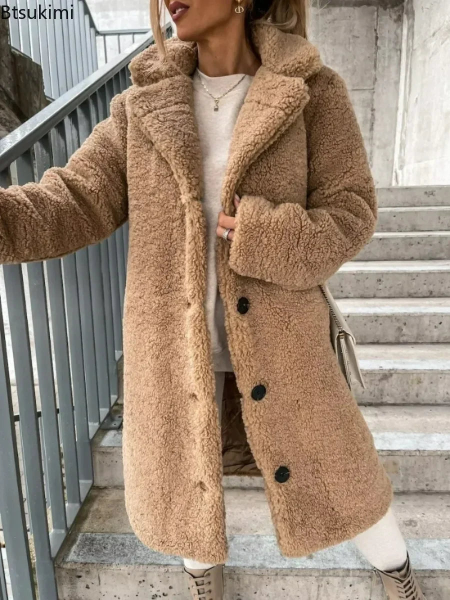 2025 frauen Winter Faux Wolle Mischungen Warme Mantel Einreiher Oberbekleidung Teddy Plüsch Mäntel Weibliche Chic Streetwear Mäntel 5XL.