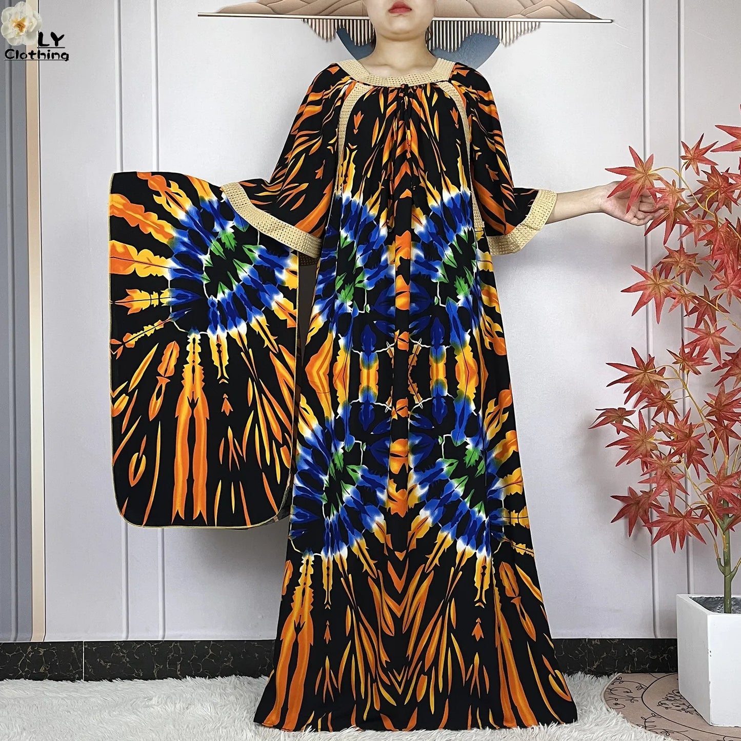 New Muslim Dress Woman Short Sleeve Dashiki African Abaya Tie-dyed Printing Cotton Loose Femme Robe Islamic Dresses With Scarf.