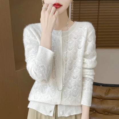 2024 Autumn And Winter New Round Neck Hollowed Out 100 Wool Knitted Cardigan Women's Versatile Coat Loose Casual Sweater DMR281