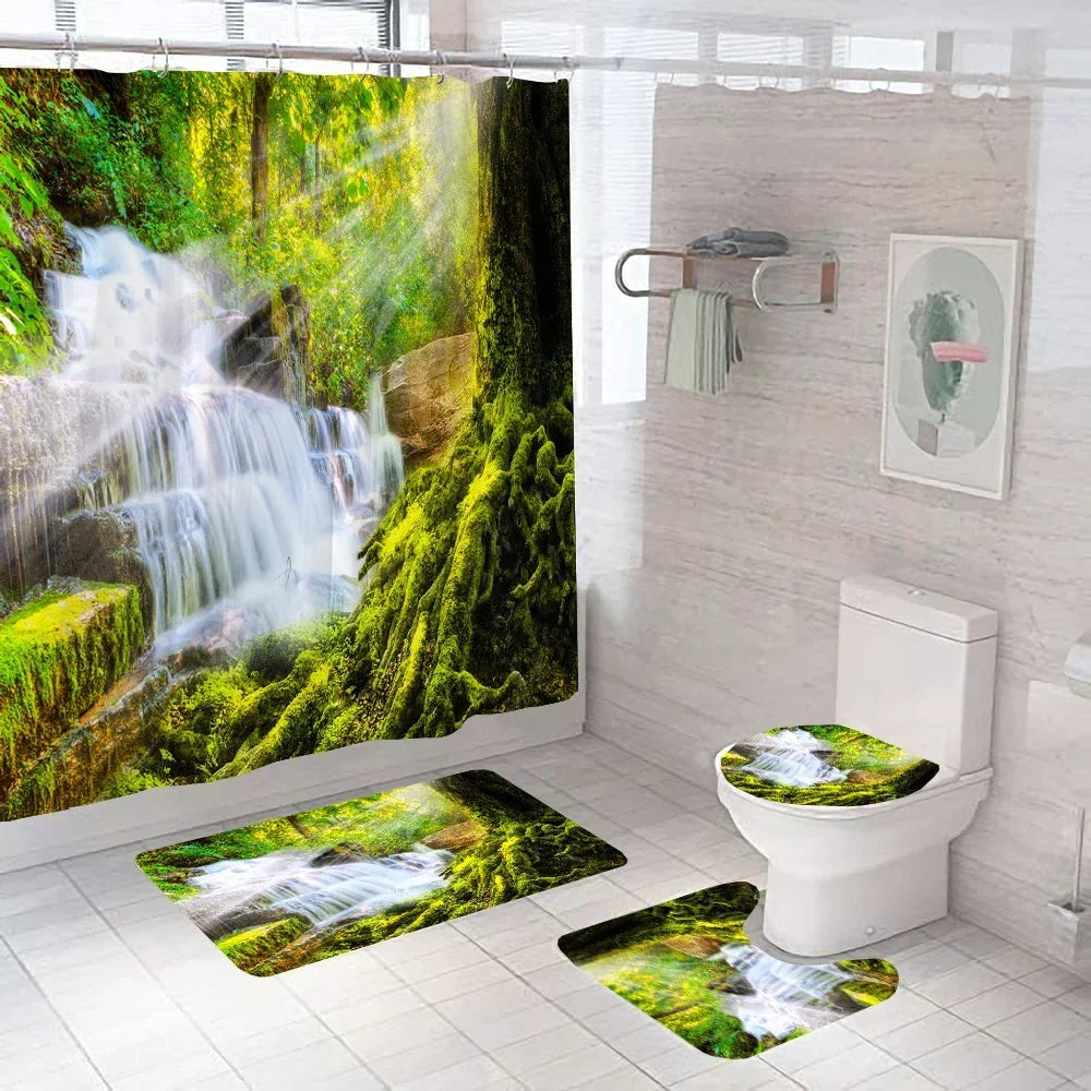 Wasserdichtes Duschvorhang-Set mit sonniger Waldlandschaft, wasserdichter Badezimmer-Toilettensitzbezug, Badewanne, rutschfeste Matte, Teppich, Baddekoration