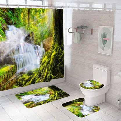 Wasserdichtes Duschvorhang-Set mit sonniger Waldlandschaft, wasserdichter Badezimmer-Toilettensitzbezug, Badewanne, rutschfeste Matte, Teppich, Baddekoration
