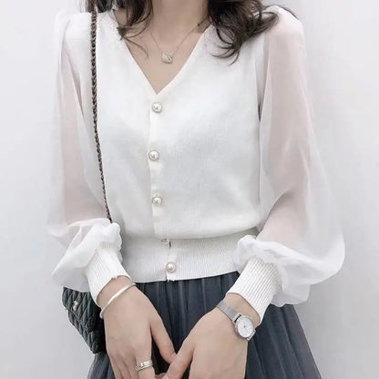 clothe Women's Spring Autumn Style Chiffon Blouses Shirt Women's Knitted Button Long Sleeve Solid Color Lace Patchwork Tops.