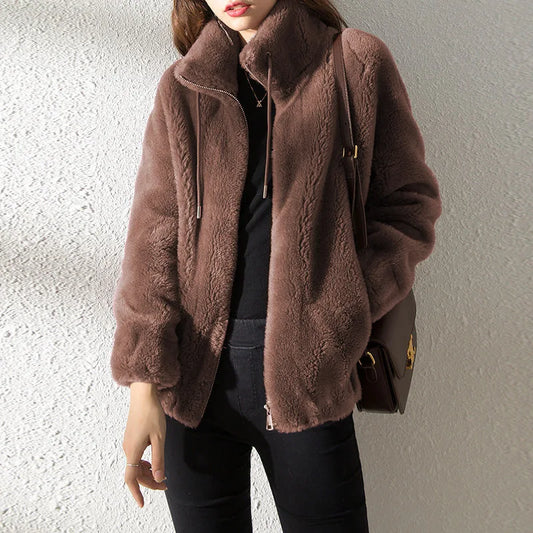 Frauen Winter Doppel Korallen Fleece Warme Mantel Stehkragen Plüsch Dicken Mantel Weibliche Mode Casual Langarm Zipper Kleidung
