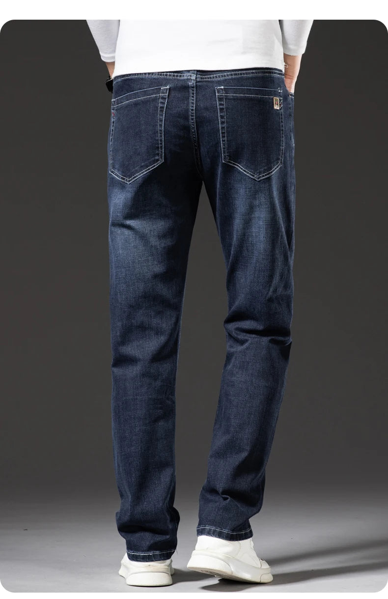 Große Größe 40, 42, 44, 46, lockere, gerade Jeans für Herren, Herbst, neue Business-Casual-Stretchhose, klassische blaue Denim-Hose für Herren