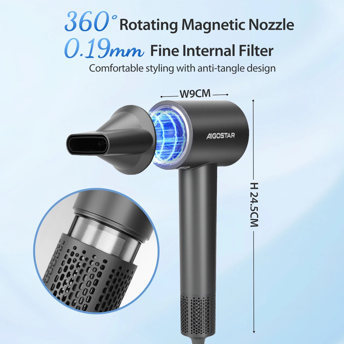 Aigostar Nora - Hair Dryer, 110,000 rpm High-Speed Hair Dryer with 200 Million Negative Ions, 55 dB Low-Noise Hair Dryer
