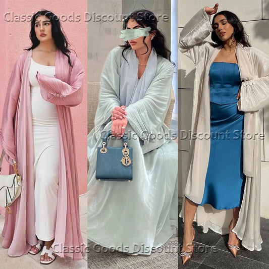 2025 Ramadan Satin muslimischen bescheidenen Kleid arabische Frauen öffnen Abaya Dubai islamische Langarm Cardigan Kleidung Truthahn schlichte Robe