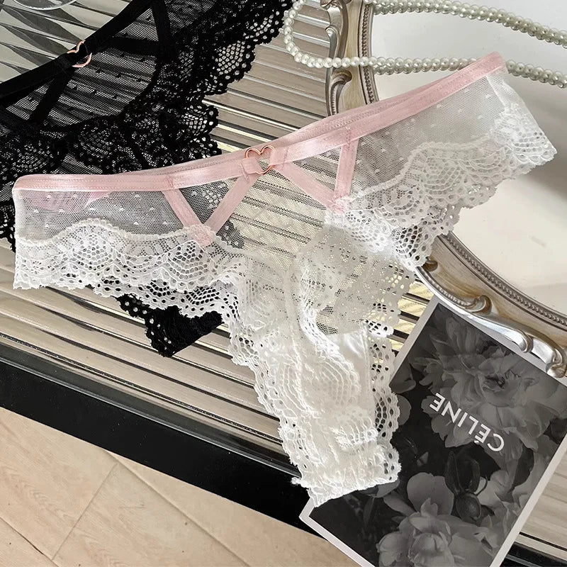 SP&CITY Thin Lace Embroidery Sexy Thongs Love Metal Transparent Women's Underwear Soft Cotton Crotch Hollow Out Panties Tanga.