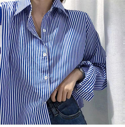Women Shirt Blouse Blue Vertical Striped Shirt Women's Autumn Clothing Loose Long Sleeve Shirt Blusas Mujer.