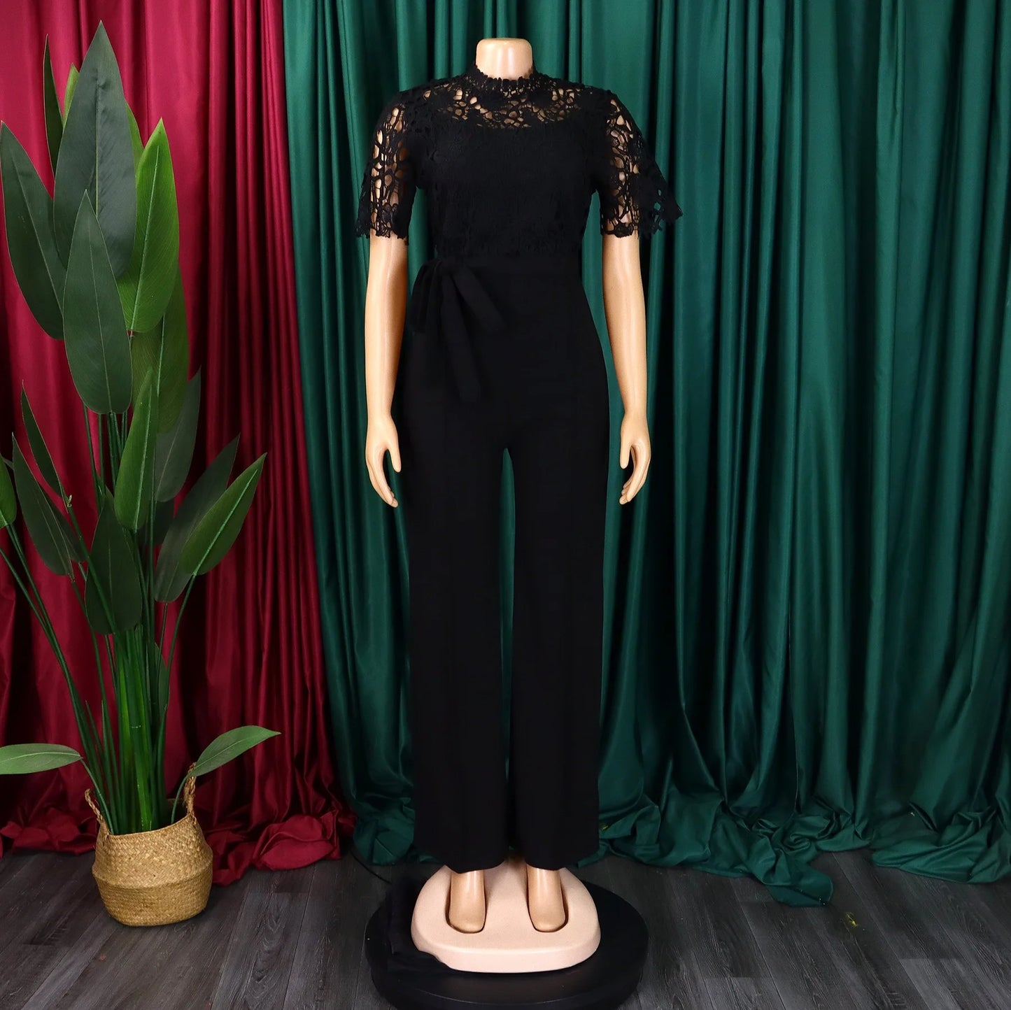 Elegant Jumpsuits & Rompers for Women O Neck Lace Patchwork Short Sleeve Sashes High Waisted Luxury Birthday Party Dinner Outfit