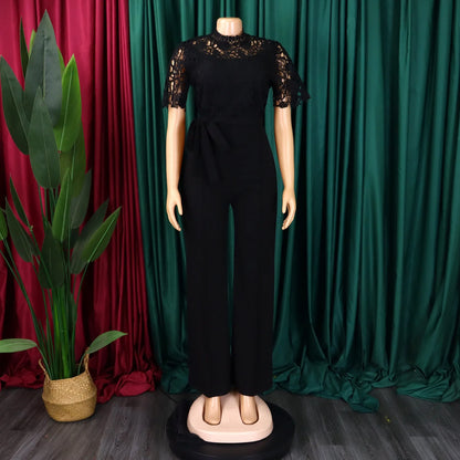 Elegant Jumpsuits & Rompers for Women O Neck Lace Patchwork Short Sleeve Sashes High Waisted Luxury Birthday Party Dinner Outfit