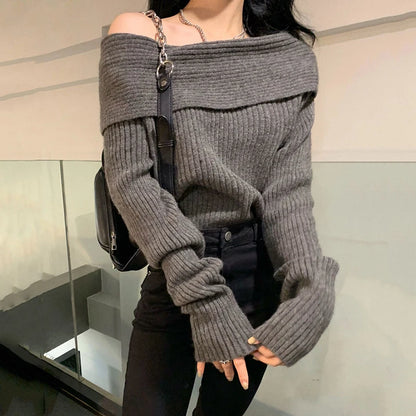 Lucyever Slash Neck Strick pullover Frauen sexy schulter freie Langarm pullover weibliche koreanische elegante verdicken schlanke Pullover Top.