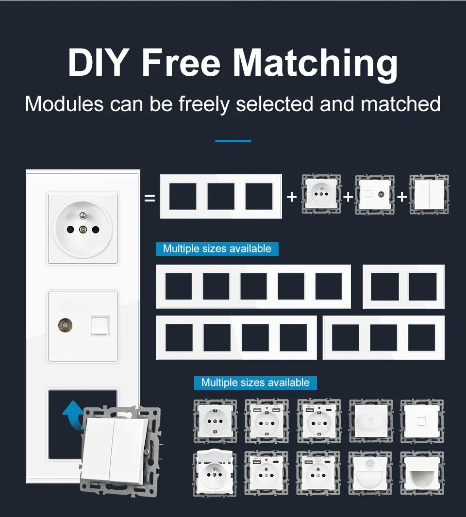 SRAN F6 Serie mehrere Rahmen Weiße Panel aus gehärtetem Glas, EU FR UN-Steckdosen und Schalter Dimmer-Lüfter-Fußlampe Rj45-Modul DIY.