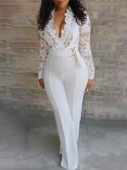 White Lace Jumpsuit Women Sexy V Neck Lace-up Stitching Long Sleeve Wide Leg Long Pants Office Lady Romper Overalls Jumpsuits.