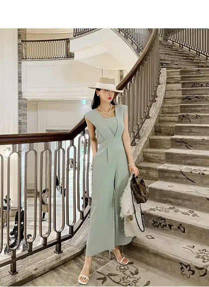 Slimming High Waist Wide Leg Pants Korean Style Fashionable Women's One-Piece Jumpsuit Summer New Arrival Simple Elegant.