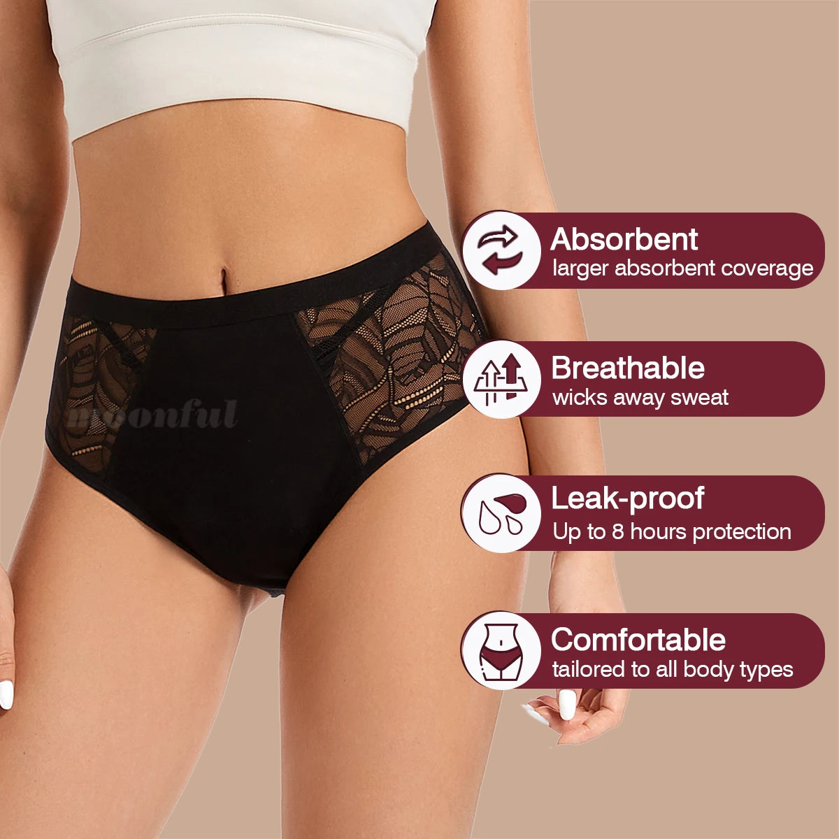 Moonful Women's Menstrual Panties High Waist Leak Proof 4 Layer Breathable Lace Period Underwear Girls Absorbent Brief.