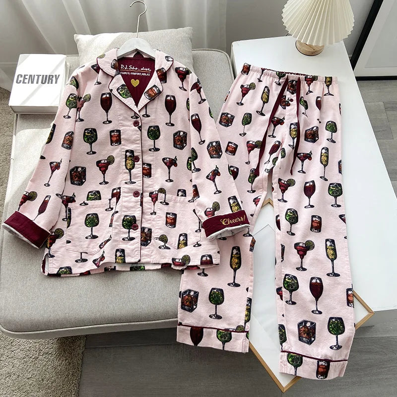 2025 New Pajamas Suit Cotton 2 Piece Set Women Print Cartoon Nightwear Long Sleeve Trousers Set Autumn Loungewear Home Clothes.
