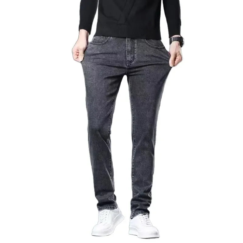 Slim Fit Stretch Business Men's Jeans Summer Trendy Thin Style Male Denim Pants Mid Waist Washed Design Casual Trousers.