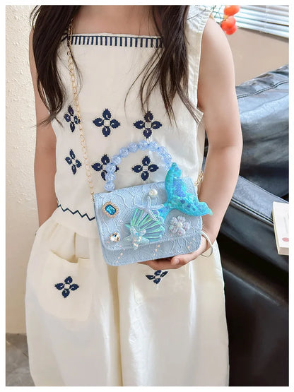Lovely Sequin Girls Square Shoulder Bag Fish Tail Starfish Princess Crossbody Bags Bead Handle Children's Small Handbags Purse