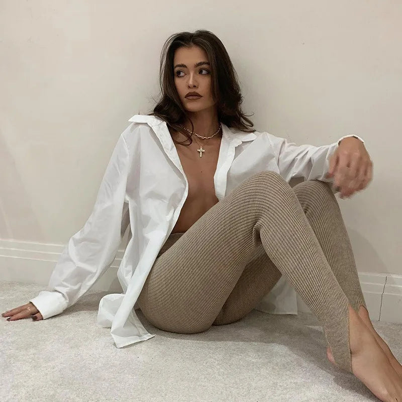 Beige Ribbed Knit Leggings Women High Waist Cotton Fitness Basic Pants Casual Spring New All-Match Female Skinny Leggings.