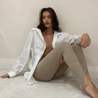 Beige Ribbed Knit Leggings Women High Waist Cotton Fitness Basic Pants Casual Spring New All-Match Female Skinny Leggings.