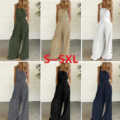 New 2021 Women's Solid Color Sleeveless Side Button Wide Leg Pocket Casual Jumpsuit Comfortable One-Piece Suiting Pants.