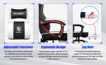 Daccormax Ergonomischer Gaming-Stuhl mit verstellbarer Lordosenstütze und Kopfstütze, Design mit hoher Rückenlehne + faltbarer Fußstütze für PC-Gamer