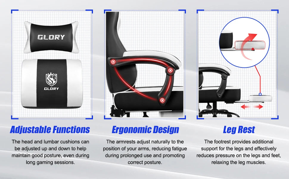 Daccormax Ergonomischer Gaming-Stuhl mit verstellbarer Lordosenstütze und Kopfstütze, Design mit hoher Rückenlehne + faltbarer Fußstütze für PC-Gamer