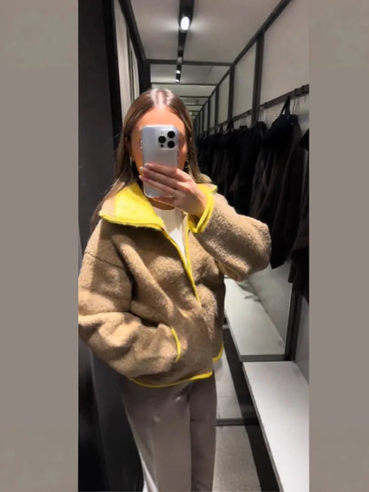 Modische kontrastierende Strickjacke für Damen, elegant, langärmelig, Taschen, Reißverschluss, Pullover, 2026, Frühling, Street Lady, schicke Oberbekleidung