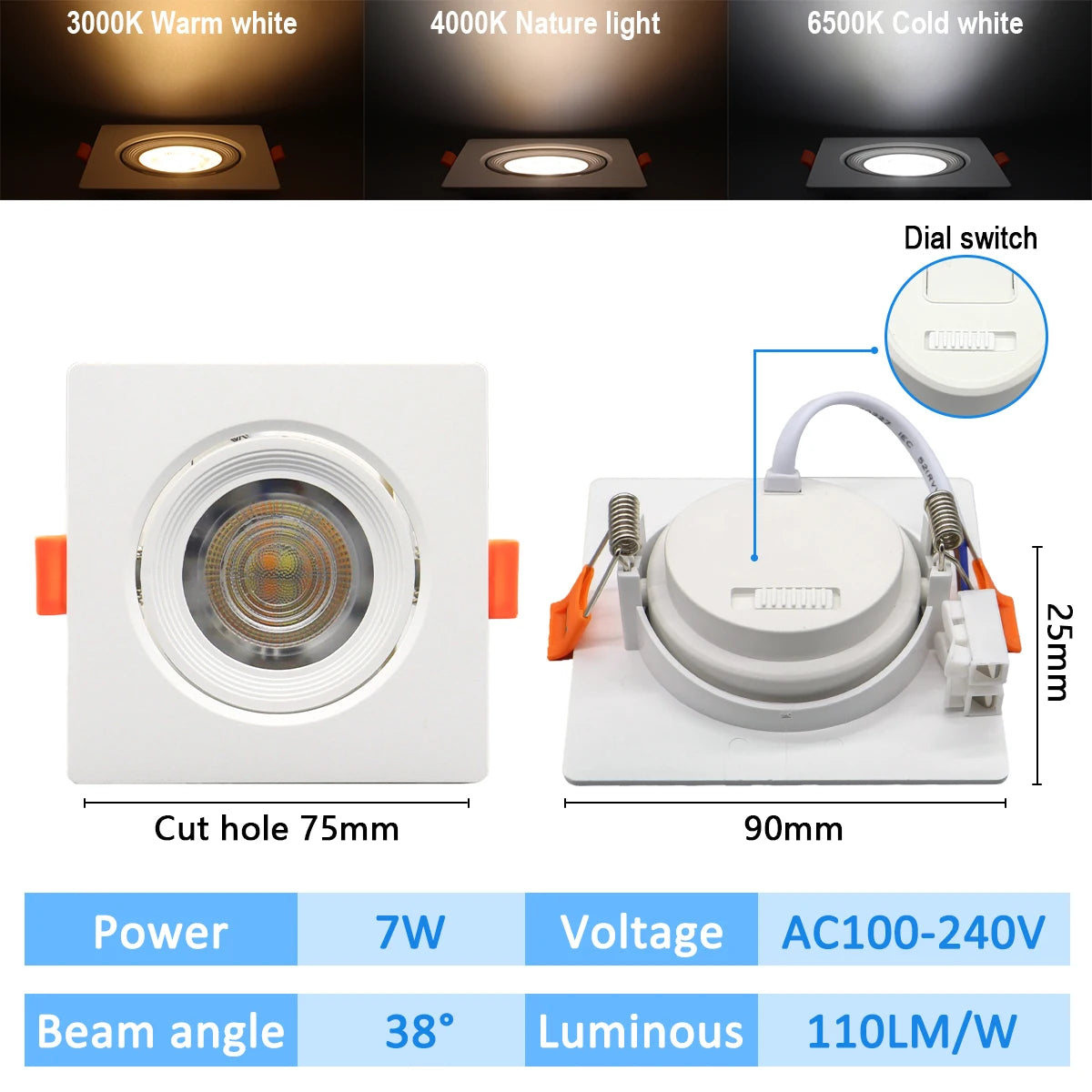 10 stücke CCT Spot Downlight Einbau LED Decke Licht 3 Farbe Eingestellt AC100-240V Zifferblatt Schalter 3000 K/4000 K/6500 K Innen Beleuchtung