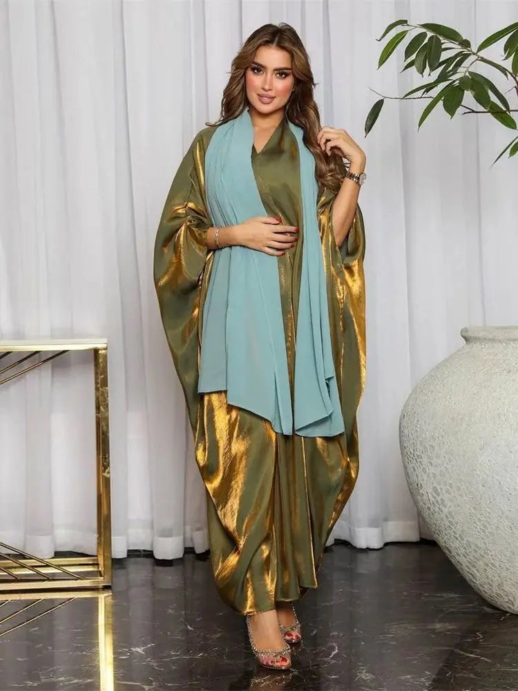 Ramadan Dubai Pink Satin Modest Open Butterfly Batwing Kimono Abaya Cardigan Islam Muslim Dress For Women Kebaya Robe Musulmane