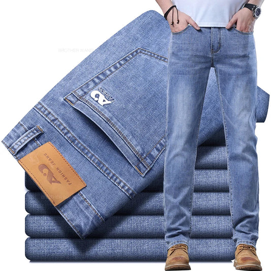 Spring Men's Light Blue Slim Jeans Stylish Casual Stretch Fabric Denim Pants Classic Trousers Smoke Gray.