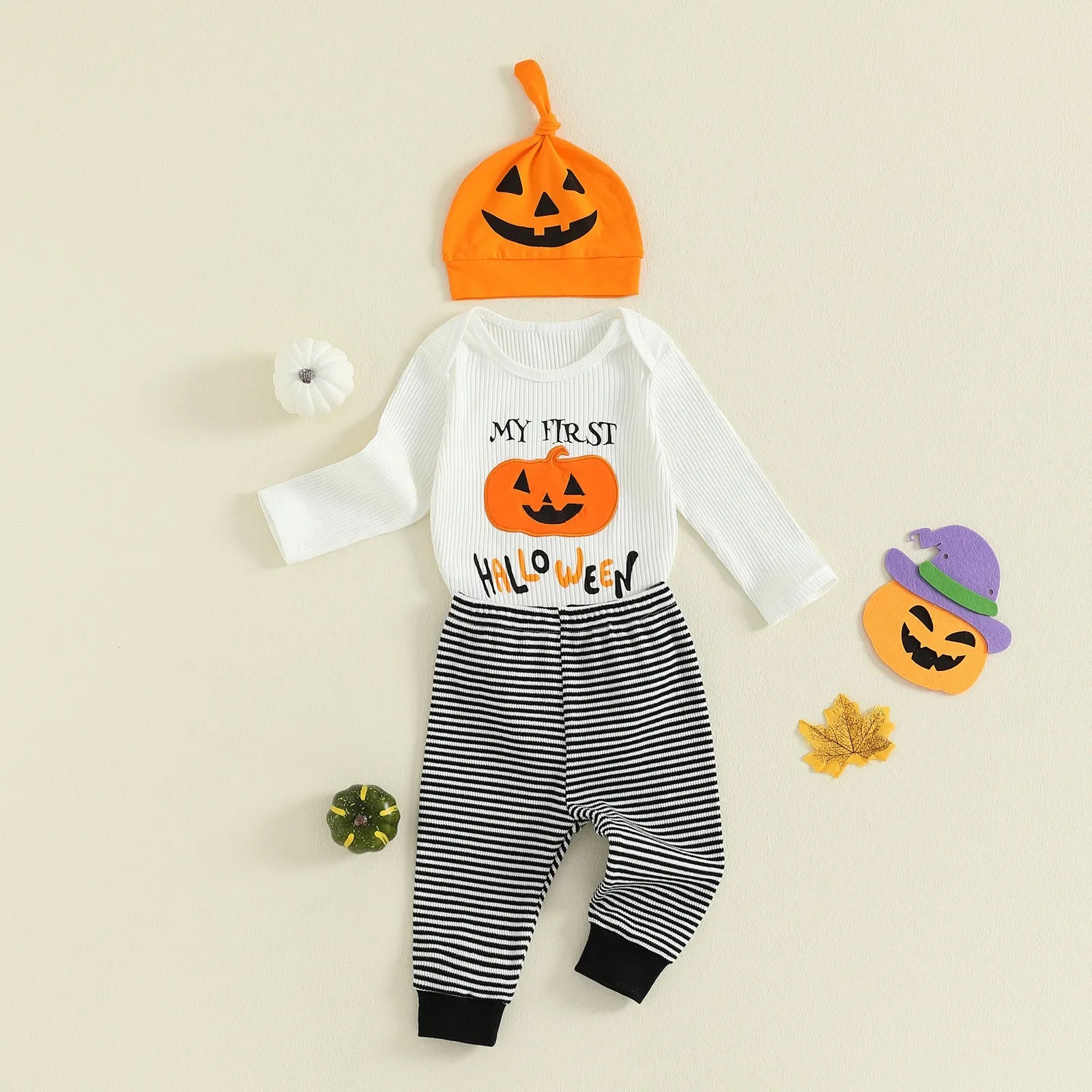Baby Mädchen Halloween Baumwolle 3-teiliges Set 0-18 Monate Kleinkind Jungen Langarm Kürbis Print Onesie + Gestreifte Hose + Hut Festliches Outfit.