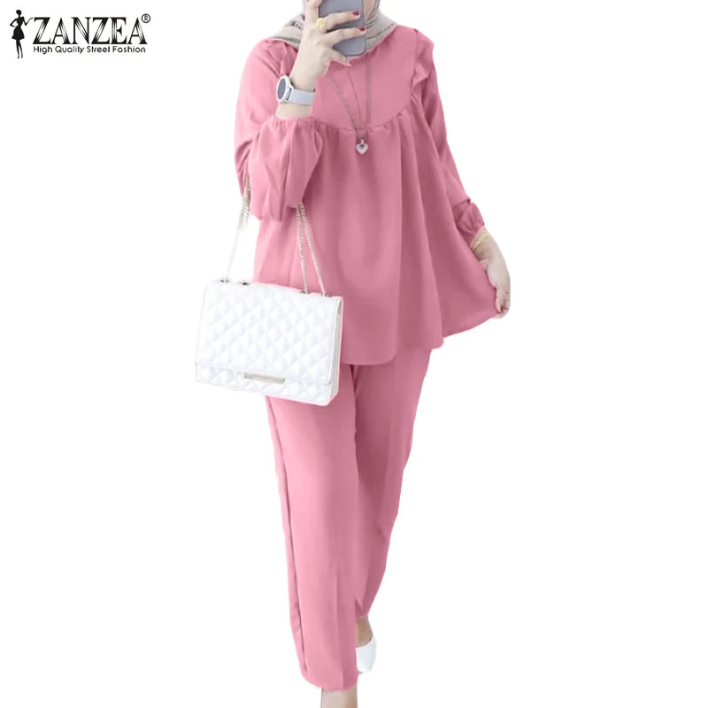 ZANZEA Women Elastic Waist Trouser 2pcs Tracksuit Muslim Fashion Long Sleeve Ruffles Tops Turkey Pant Sets Elegant Matching Sets