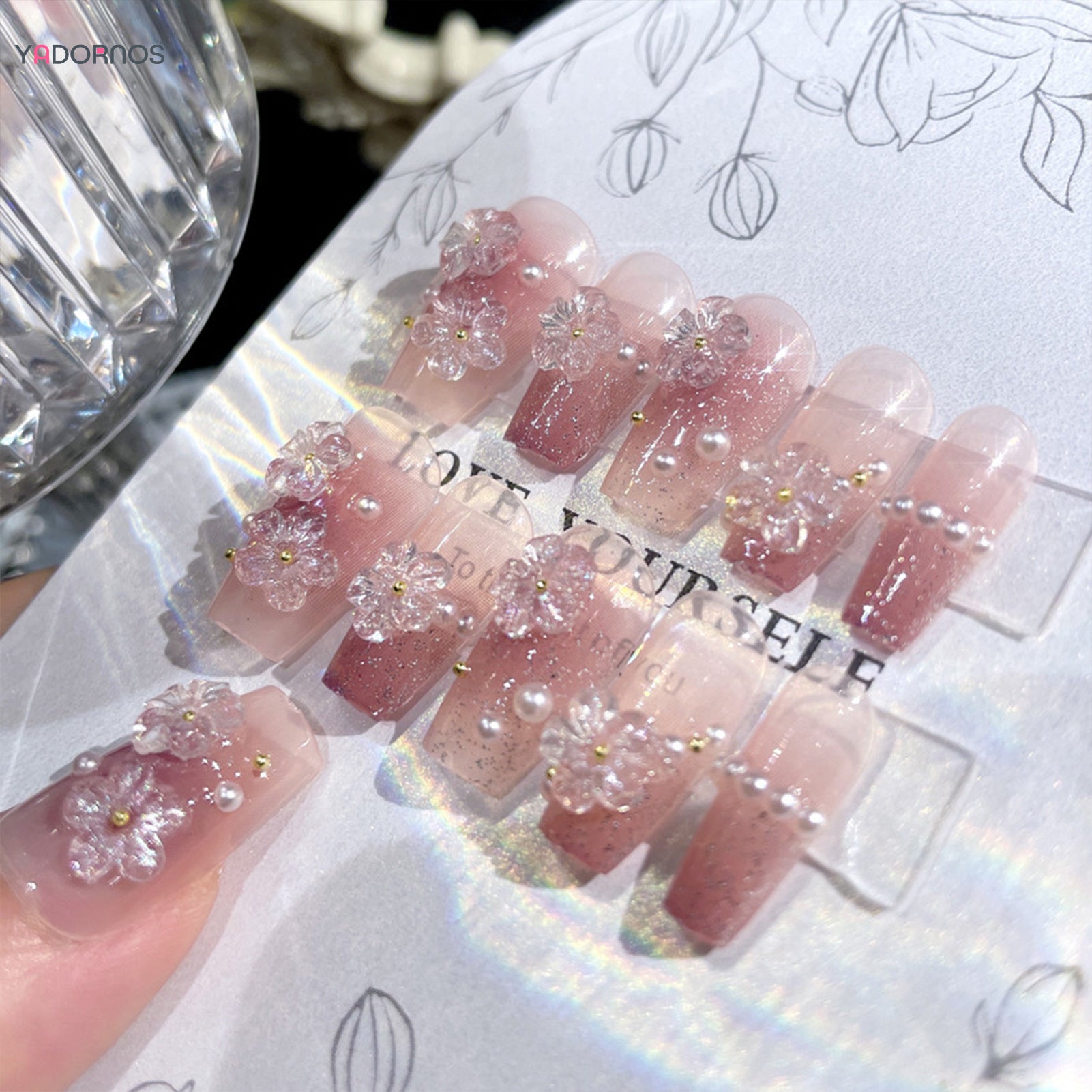 24Pcs Mid-Length Fake Nails 3D Flower Pearl Designs Nude Pink Color Press on Nails Ballerina False Nails for Women DIY Manicure.