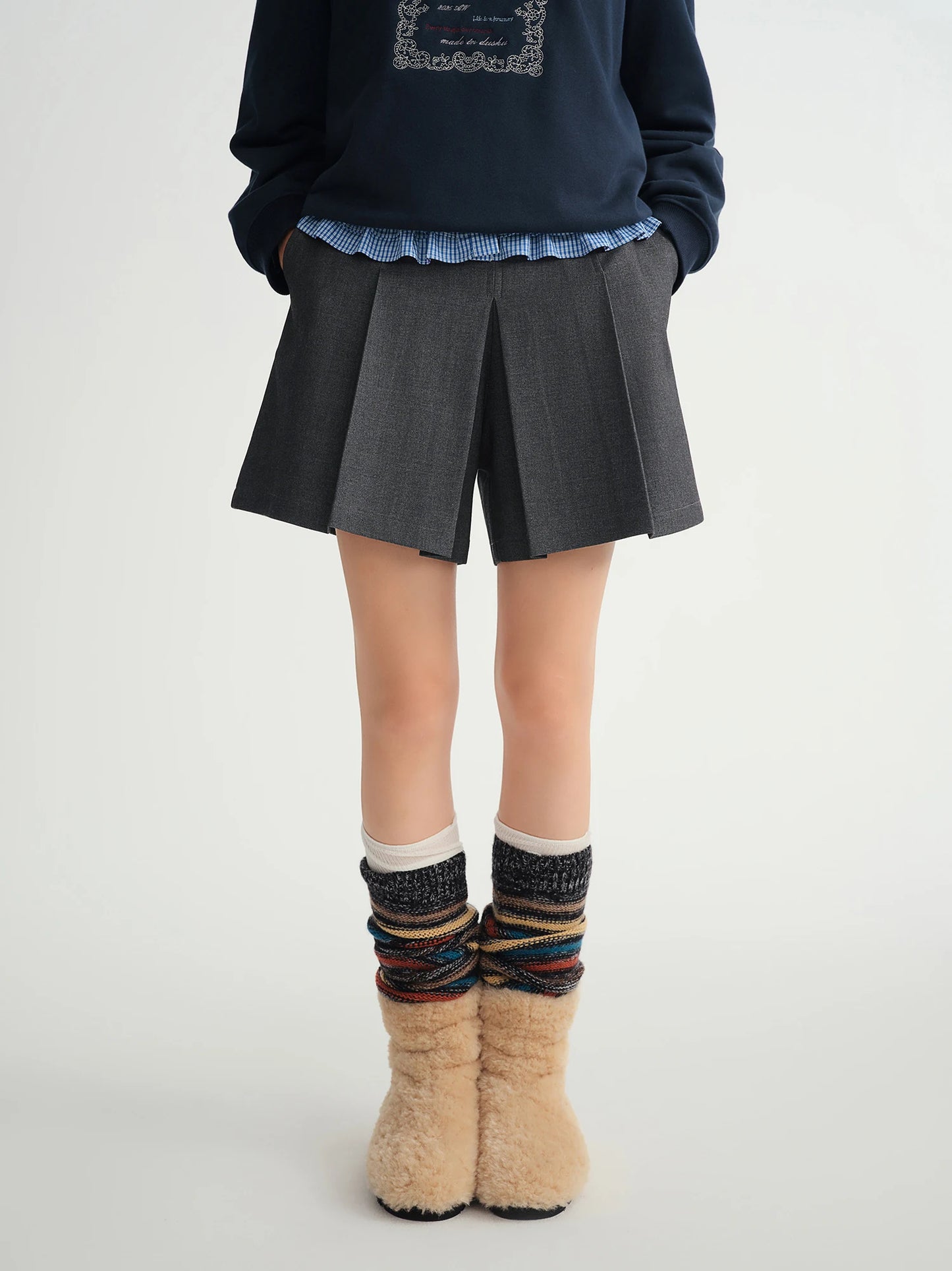 DUSHU Winter 2025 Women's A-Line Pleated Skort - Office Workwear Skirt with Elastic Waist Figure-Flattering for Casual Comfort.