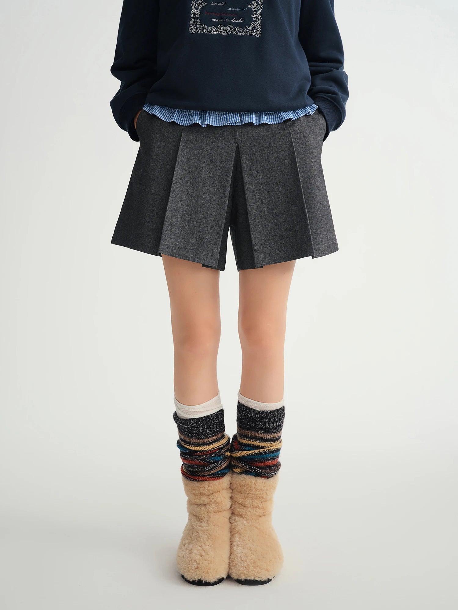 DUSHU Winter 2025 Women's A-Line Pleated Skort - Office Workwear Skirt with Elastic Waist Figure-Flattering for Casual Comfort.