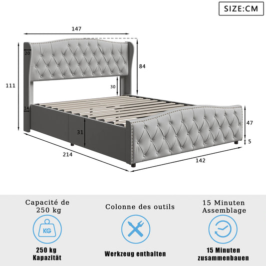 Lazyspace Hydraulisches Doppelbett 140x200cm/160x200cm, mit Stauraum, Lattenrost aus Holz, Baumwollleinen, ohne Matratze