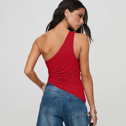 Cryptographic Summer Fashion One Shoulder Tops Slim Sexy Backless Basic Asymmetrical Women's Crop Top Tank Ruched Streetwear.