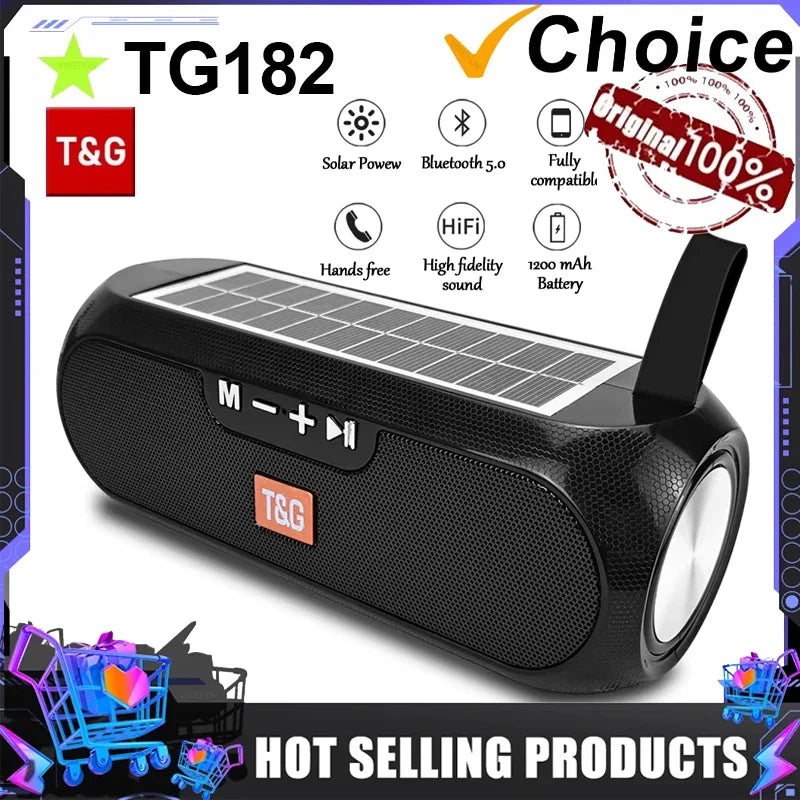 T&G TG182 Solar Charging Portable Stereo speakers Wireless Bluetooth With Mic Outdoor Loudspeaker Waterproof FM Radio Soundbar.