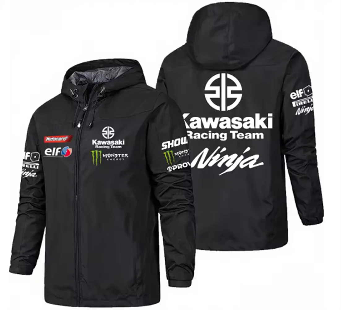 Racing team jacket with Kawasaki logo, men's waterproof and windproof sportswear, 2025 new outdoor sports fashionable fan jacket.
