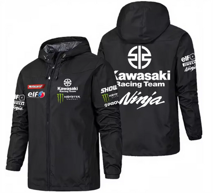Racing team jacket with Kawasaki logo, men's waterproof and windproof sportswear, 2025 new outdoor sports fashionable fan jacket.