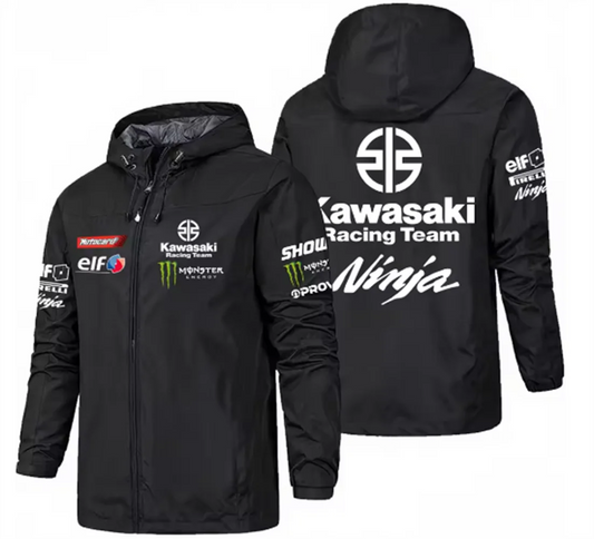 Racing team jacket with Kawasaki logo, men's waterproof and windproof sportswear, 2025 new outdoor sports fashionable fan jacket.