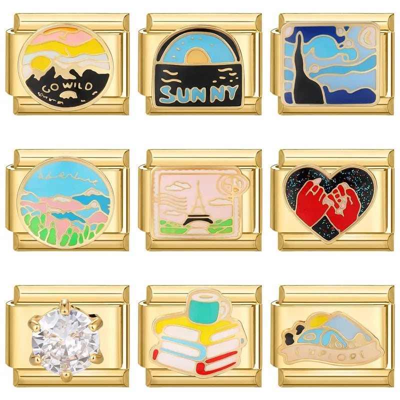 New Fashion 9mm 15 Style Italian Modular Charm Bracelet Fashionable Leisure Holiday Scenery Literary Modular Elastic Bracelet.